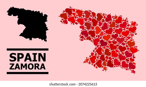 Love mosaic and solid map of Zamora Province on a pink background. Mosaic map of Zamora Province created with red love hearts. Vector flat illustration for love abstract illustrations.