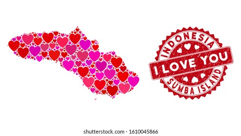 Love mosaic Sumba Island map and distressed stamp seal with I Love You words. Sumba Island map collage composed with randomized red heart icons.