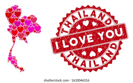 Love mosaic Thailand map and rubber stamp watermark with I Love You caption. Thailand map collage created with randomized red heart items. Red rounded I Love You watermark with scratched texture.