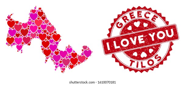 Love mosaic Tilos Greek Island map and grunge stamp seal with I Love You message. Tilos Greek Island map collage composed with randomized red heart items.