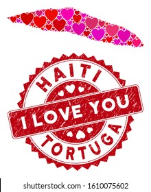 Love mosaic Tortuga Island of Haiti map and rubber stamp seal with I Love You caption. Tortuga Island of Haiti map collage constructed with scattered red heart elements.