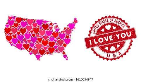 Love mosaic USA map and rubber stamp seal with I Love You badge. USA map collage composed with random red heart icons. Red rounded I Love You seal stamp with distress texture.