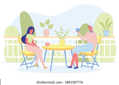 Love of Mother and Daughter. Happy Women Sitting on Open Terrace at Home or Nice Summer Cafe on Nature Background. Aged Lady and her Adult Child Drinking Coffee or Tea Cartoon Flat Vector Illustration