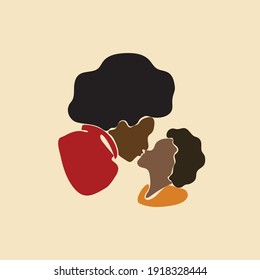 Love of mother and daughter. Little girl kissing her mom in lips. Afro black skin family, Long horizontal banner. Vector illustration contemporary art Abstract african people portrait