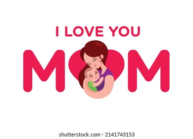 I love mother text with flat symbol of mother hugging child in arms on love shape background