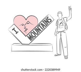 I Love Mountains. Editable template about loving anything. Mountain tourism, rock climbing. Concept of traveling around world without limits. Photo against background of natural sights. Line art