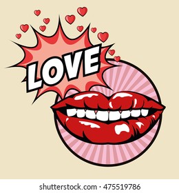love mouth lips hearts explosion cartoon pop art comic retro communication icon. Colorful striped circle design. Vector illustration