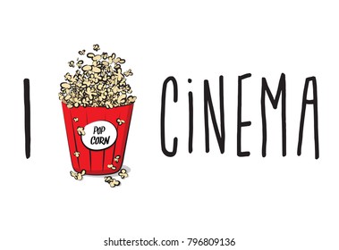 I love movie. Cinema weekend poster. Modern sketch pop corn box illustration. 