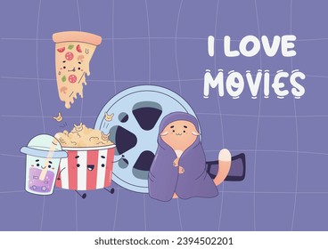 I love movies, movie night, cute popcorn,pizza, cozy movie watching at home