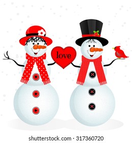 "Love" Mr. and Mrs. Snowman Family with Cardinal