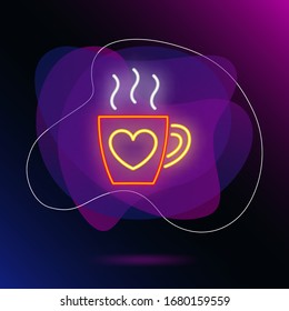 Love mug neon sign. Glowing neon red cup with yellow heart on brick wall background. Vector illustration can be used for romantic, love, dinner, dating
