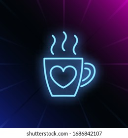 Love mug neon sign. Glowing neon red cup with yellow heart on brick wall background. Vector illustration can be used for romantic, love, dinner, dating