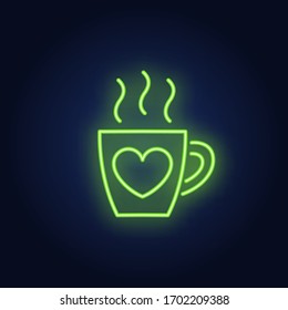 Love mug neon sign. Glowing neon red cup with yellow heart on brick wall background. Vector illustration can be used for romantic, love, dinner, dating