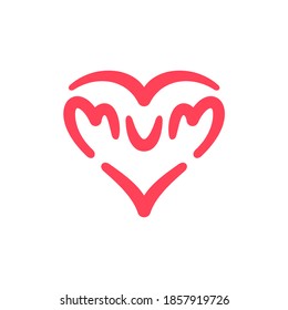 I love mum logo, Mum letters with abstract heart ribbon made from brush stroke, icon design. Illustration isolated on white background. Love mum concept. Happy mother's day