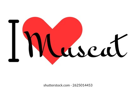 I love Muscat, city of Oman. Hand drawn letters with red heart. Vector illustration lettering, modern design for print t shirt, banner, poster, sticker or label.