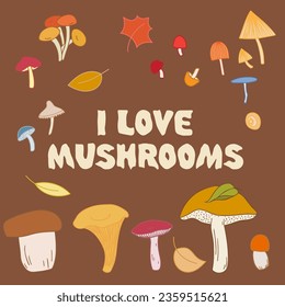 I Love Mushrooms hand drawn warp text and mushrooms illustration. For t- shirt, poster, banner, wall art.