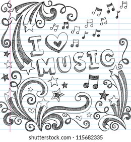 I Love Music Back to School Sketchy Notebook Doodles with Music Notes and Swirls- Hand-Drawn Vector Illustration Design Elements on Lined Sketchbook Paper Background