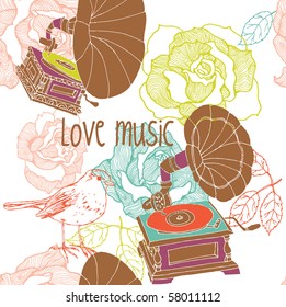 love music background with bird and gramophone