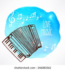 love of music. Beautiful watercolor background with hand-drawn accordion