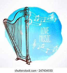 love of music. Beautiful watercolor background with hand-drawn harp