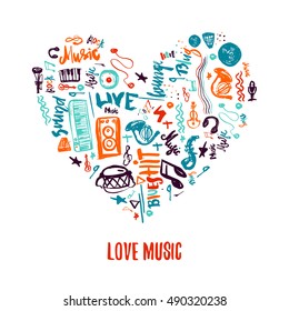 Love music colorful vector hand drawn doodles in shape of heart. Can be used for printable concert promotion with lettering and music items.