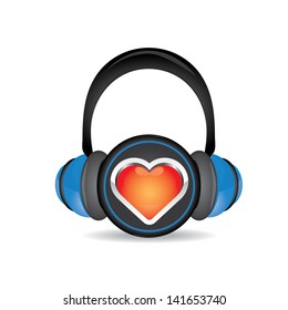 i love music concept background. blue headphones with red heart inside isolated on white