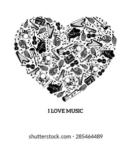 Love music concept with black icons musical instruments in heart shape vector illustration