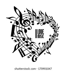 I love music concept, black and white design. Heart made with musical notes and clef, black and white design, contain copy space inside for your text, music theme vector design template.