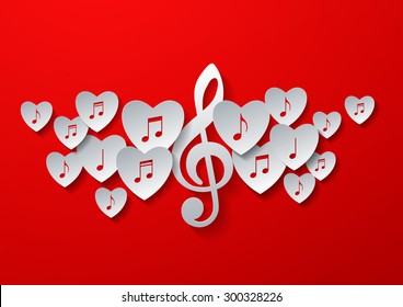 Love Music Concept Design with White Paper on Red Background, Vector Illustration