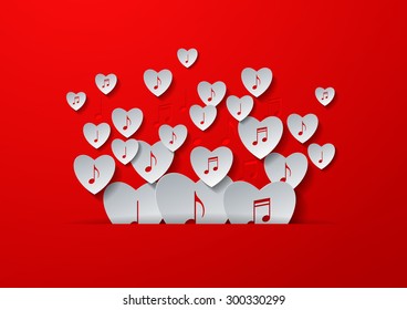 Love Music Concept Design with White Paper on Red Background, Vector Illustration