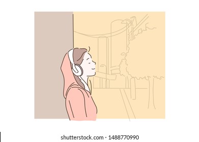 Love of music concept. Happy young woman listening to music on headphones. Girl musician listens to audio tracks or radio in her smartphone. Simple flat vector.