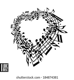 I love music concept. Heart made with musical notes and clef, black and white design, contain copy space inside for your text, music theme vector design template.