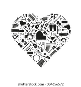 Love of Music Concept Illustration. Variety of musical instruments  silhouettes arranged in heart shape