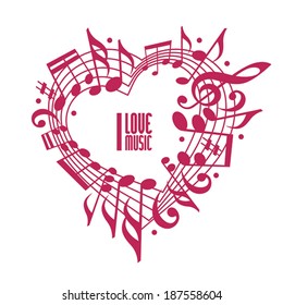 I love music concept, single color design. Heart made with musical notes and clef, 