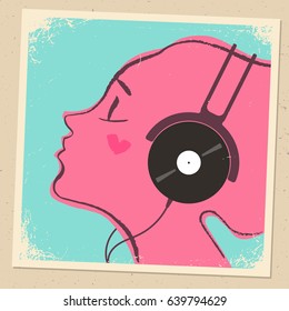 Love music concept vector illustration with pink young girl profile portrait and headphones