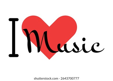 I love Music creative slogan. Hand drawn letters with red heart. Vector illustration, lettering in modern design for print t shirt, banner, poster, sticker or label.