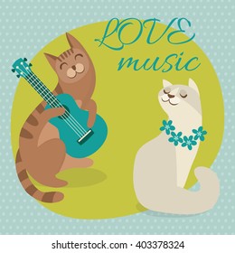 Love music - cute vector illustration with smiling cats, cute cat playing the ukulele