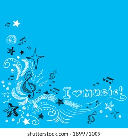Love music doodle background with notes stars swirls vector illustration