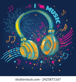 I love music - drawn headphones and notes musical design