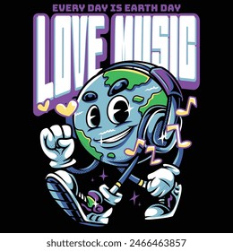 Love Music Earth Cartoon with Retro Style Illustration