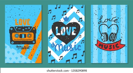 Love music festival cards vector illustration. Let your heart sing. Music make everything better. Electric guitars with hearts. Listening to songs. DJ performance. Instrument playing.