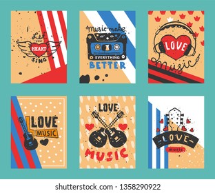 Love music festival cards vector illustration. Let your heart sing. Music make everything better. Electric guitars with hearts. Listening to songs. DJ performance. Instrument playing.
