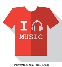 I love music flat retro vintage t-shirt icon. With long shadow.