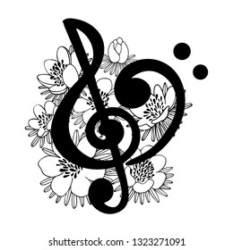 Love music and flowers. Treble and bass clefs on the floral background. Hand-drawn stock illustration by ink. High quality vector.