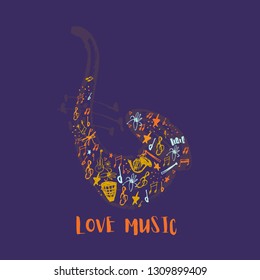 Love music grunge poster with saxophone shape filled with icons. Good advertising idea for tshirt, banner