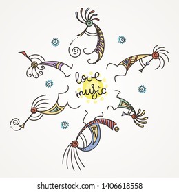 Love music. Hand drawn Kokopelli circle. Stylized mythical characters playing flutes. Vector art for prints. design, cards, children and coloring books, t-shirts