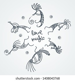 Love music. Hand drawn Kokopelli circle. Stylized mythical characters playing flutes. Vector art for prints. design, cards, children and coloring books, t-shirts