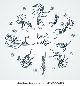 Love music. Hand drawn Kokopelli circle. Stylized mythical characters playing flutes. Vector art for prints. design, cards, children and coloring books, t-shirts