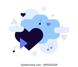 Love music. Heart with cloud. Audio player. Modern flat illustration. Vector file.