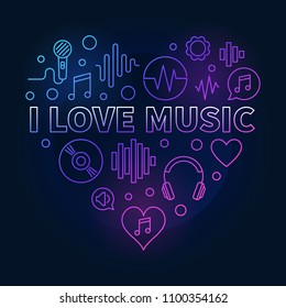 I Love Music Heart - colored linear illustration on dark background